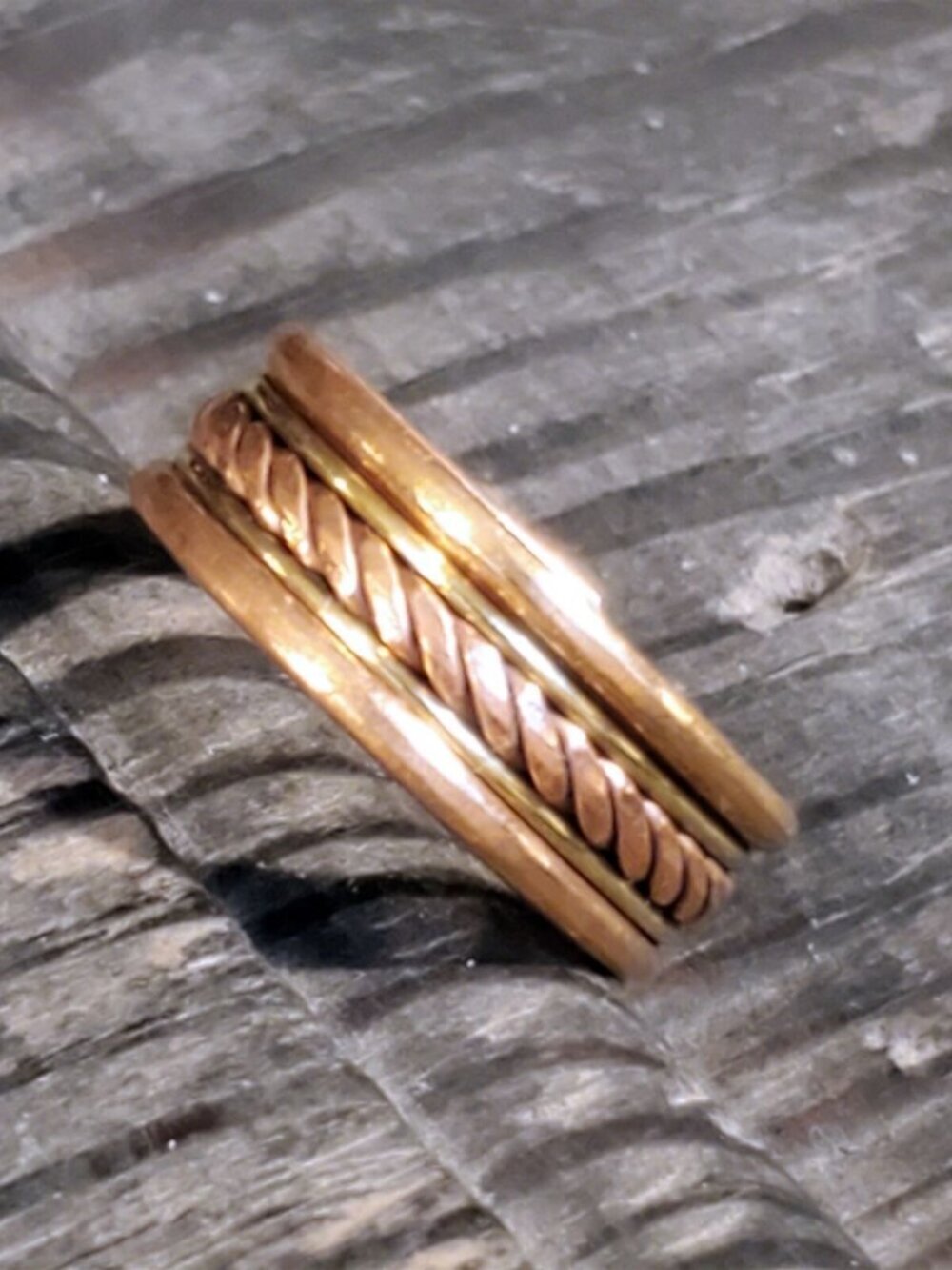 India Brass and Copper Handcrafted Geometric Rope Line Design Adjustable Ring